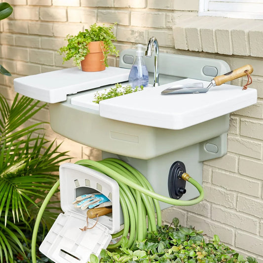 Outdoor Wall Mounted Garden Sink with Hose Holder No Plumbing Required Mountable Outdoor Faucet White