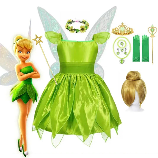 Disney Girls Tinker Bell Costume Halloween Costume for Kids Green Tinkerbell Fancy Dress Fairy Princess Cosplay Carnival Party