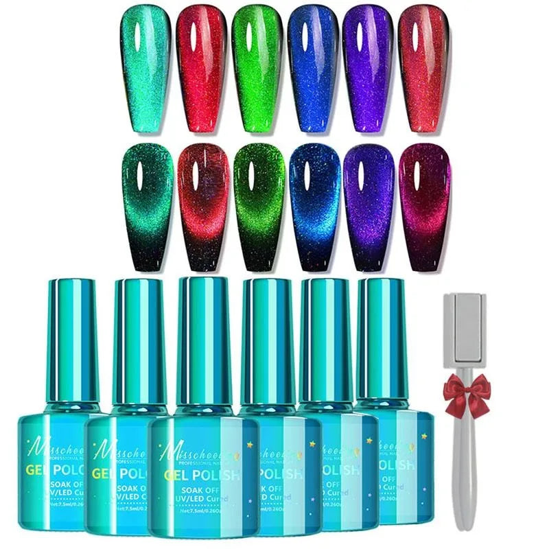 Cat Eye Gel Nail Polish Set 6 Colors With Magnet Holographic Glitter