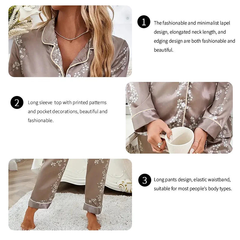 Women Satin Pajama Set Long Sleeve Button Up Nightwear Loungewear