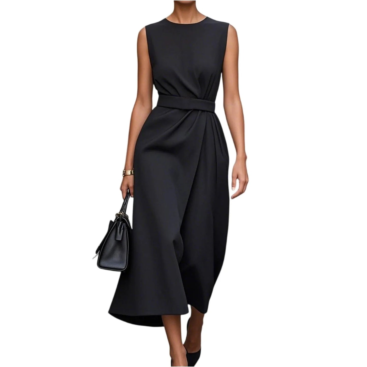 Plus Size Womens Zipper Sleeveless Round Neck Dress Belt