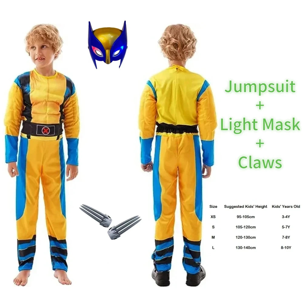Wolverine Cosplay Costume Kids Wolf Black Superhero Panther Claws Mask Jumpsuit Halloween Bodysuit Muscle Suit for Child Gift