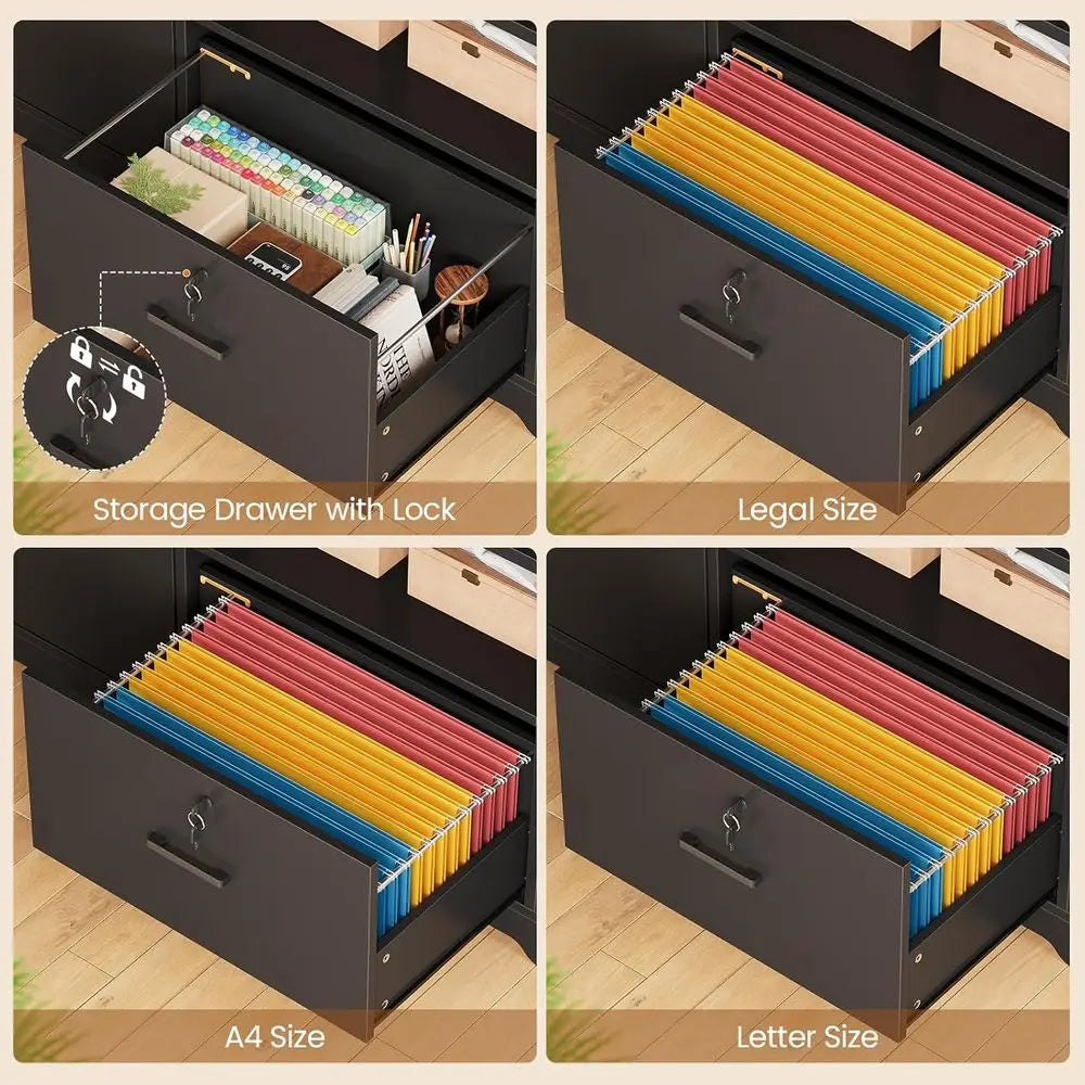 Corner L Shaped Standing Desk With Drawers Hutch LED Lights Power Outlets