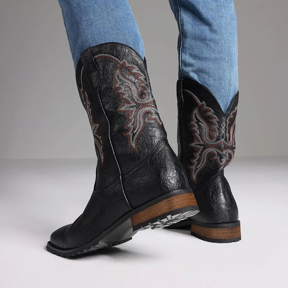 DoraTasia Plus Size 12.5 Retro Square Toe Western Boots Embroidered Pull On