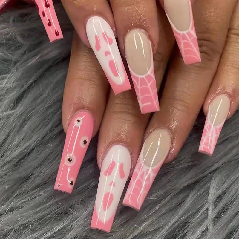 24pcs Glitter Pink Sequins Fake Nails 2025 Halloween Scary Skull Love Print False Nails Wearable European Ballet Press on Nails