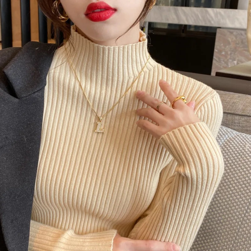 Winter Mock Neck Long Sleeve Knit Sweater For Women Slim Fit