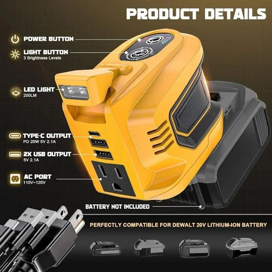 Portable Power Station Generator 200W Power Inverter for Dewalt 20V Battery DC 20V to AC 110 120V Battery Inverter