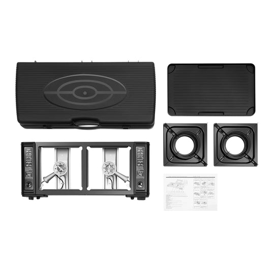 2in1 2 Burner Portable Camping Stove Butane Camping Stove Kit with Baking Pan and Carrying Case Auto Ignition Camping Burner LPG