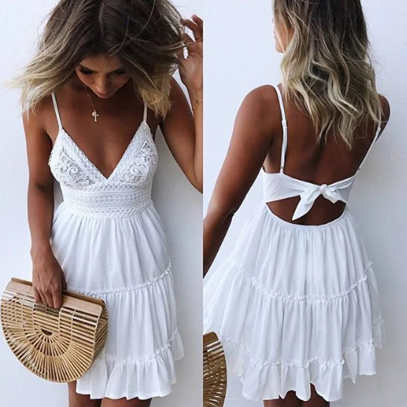 Women Summer Dress Lace Strap Solid Color Elegant Beachwear