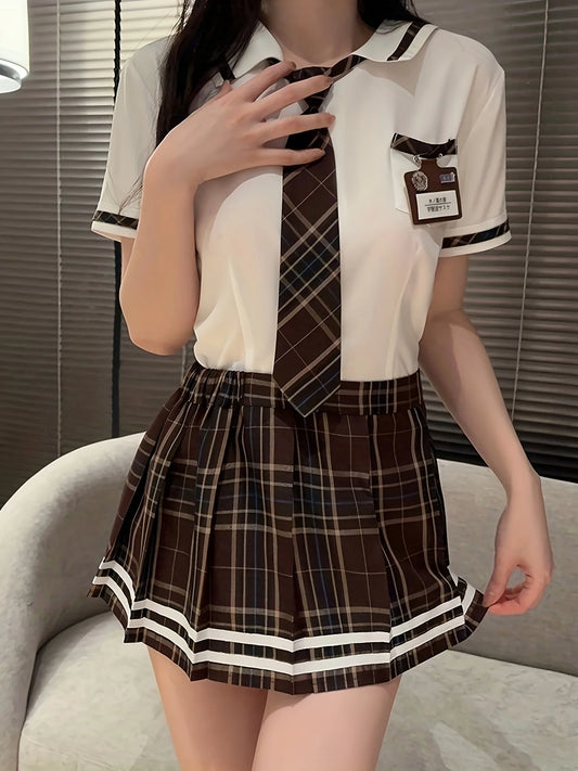 Sexy Plaid Print Preppy Uniform Cosplay Costume Women's Lingerie Naughty Striped Top & Skirt Underwear