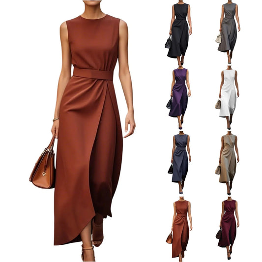 Plus Size Womens Zipper Sleeveless Round Neck Dress Belt