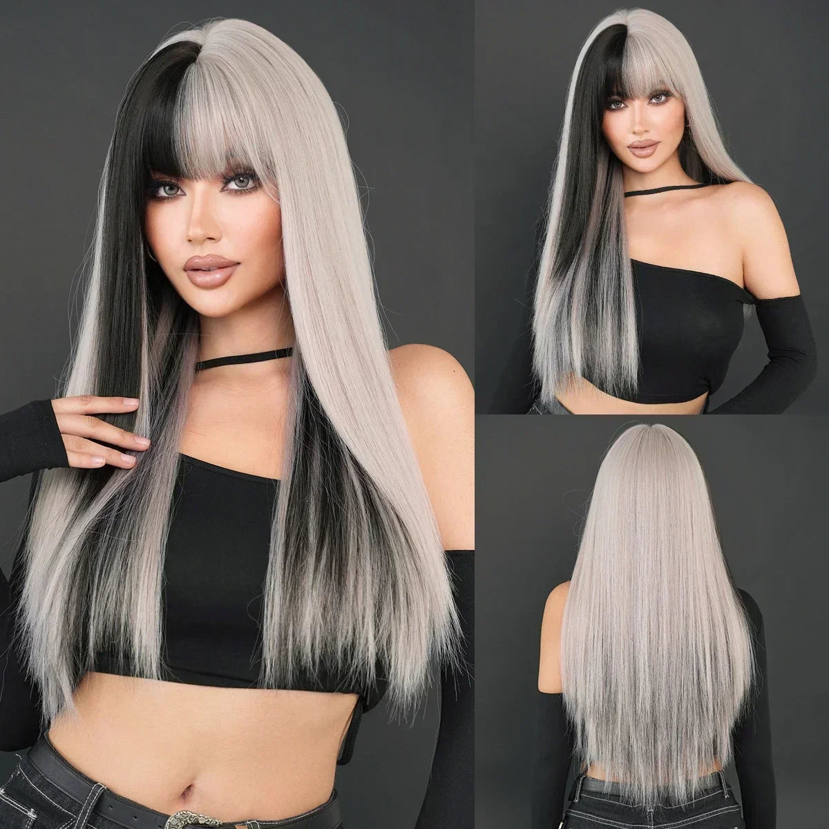 NAMM Synthetic Long Straight Blonde Wig Dark Roots Bangs 26 Inch 150 Density