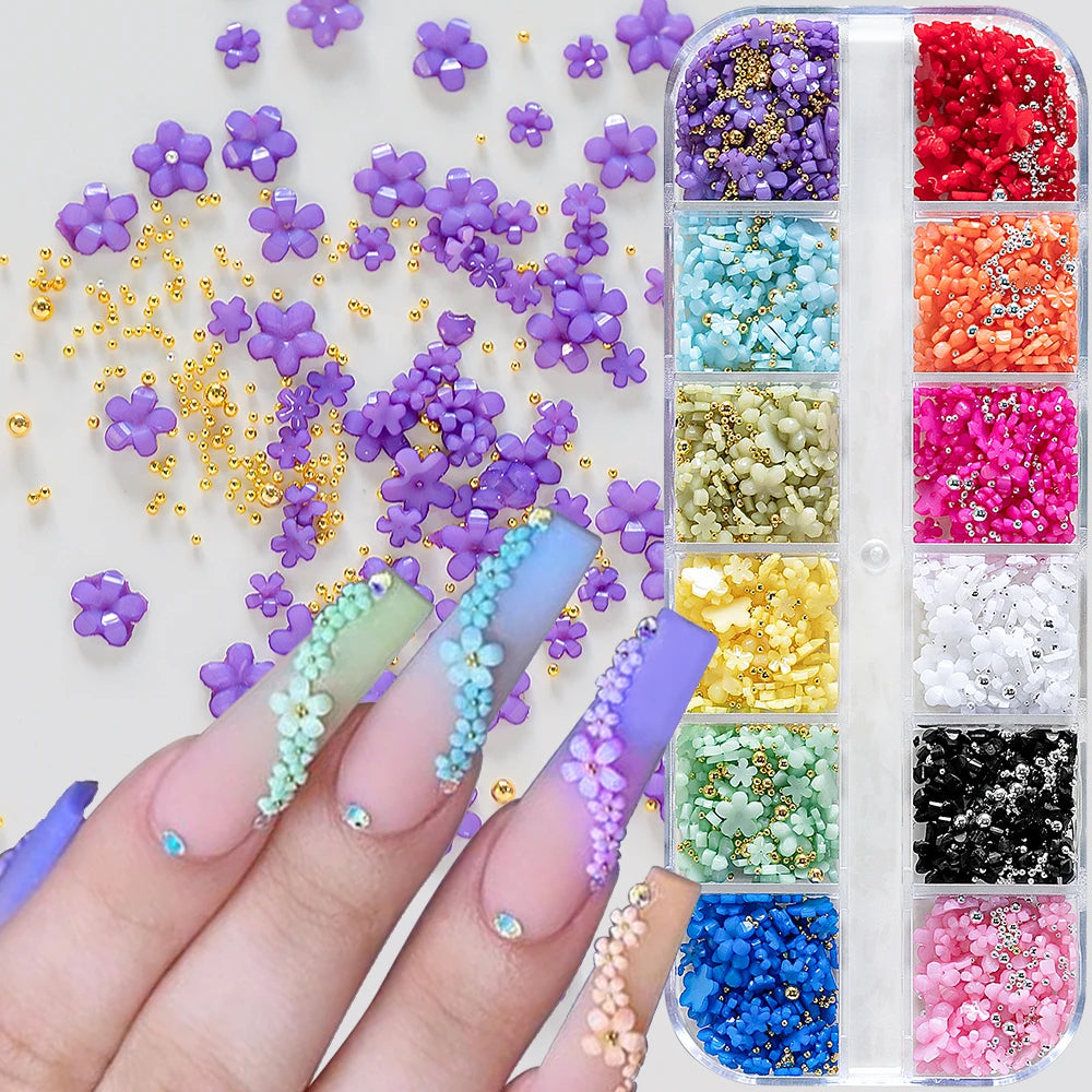 12Grids Colorful Acrylic Flower Nail Charms 1000 Mini Resin