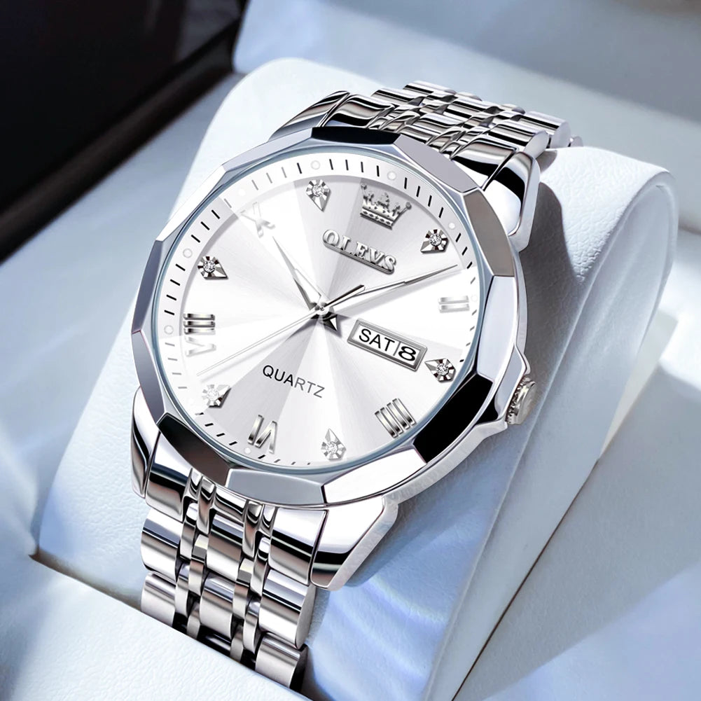 OLEVS Men's Casual Stainless Steel Quartz Watch Waterproof Luminous Date Week