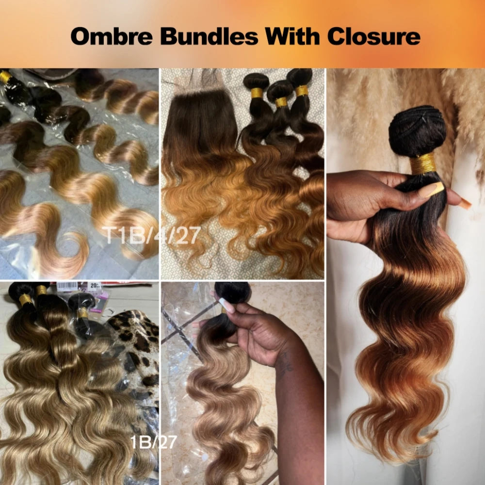 Ombre Color Body Wave Human Hair Bundles With Closure 100 Percent Unprocessed Virgin Remy Hair 1B 4 27