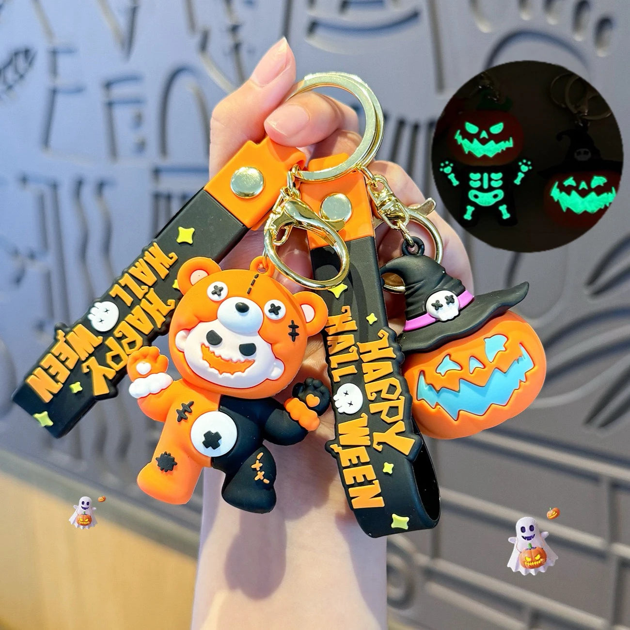 Halloween Glow in the Dark Keychain PVC Cartoon Ghost and Pumpkin Key Rings Festive Birthday Decorative Charms Gift for Friends