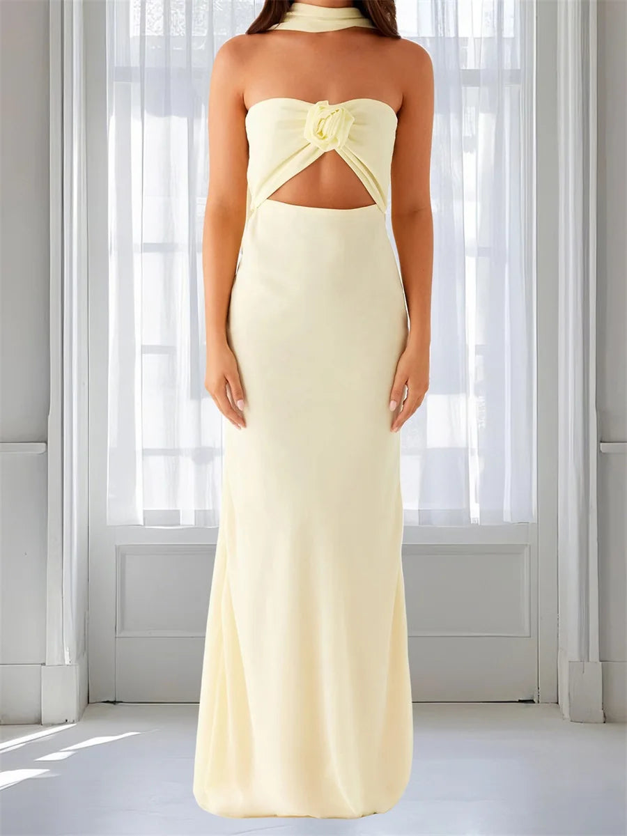 Womens Floral Bandeau Maxi Dress With Cutout And Scarf