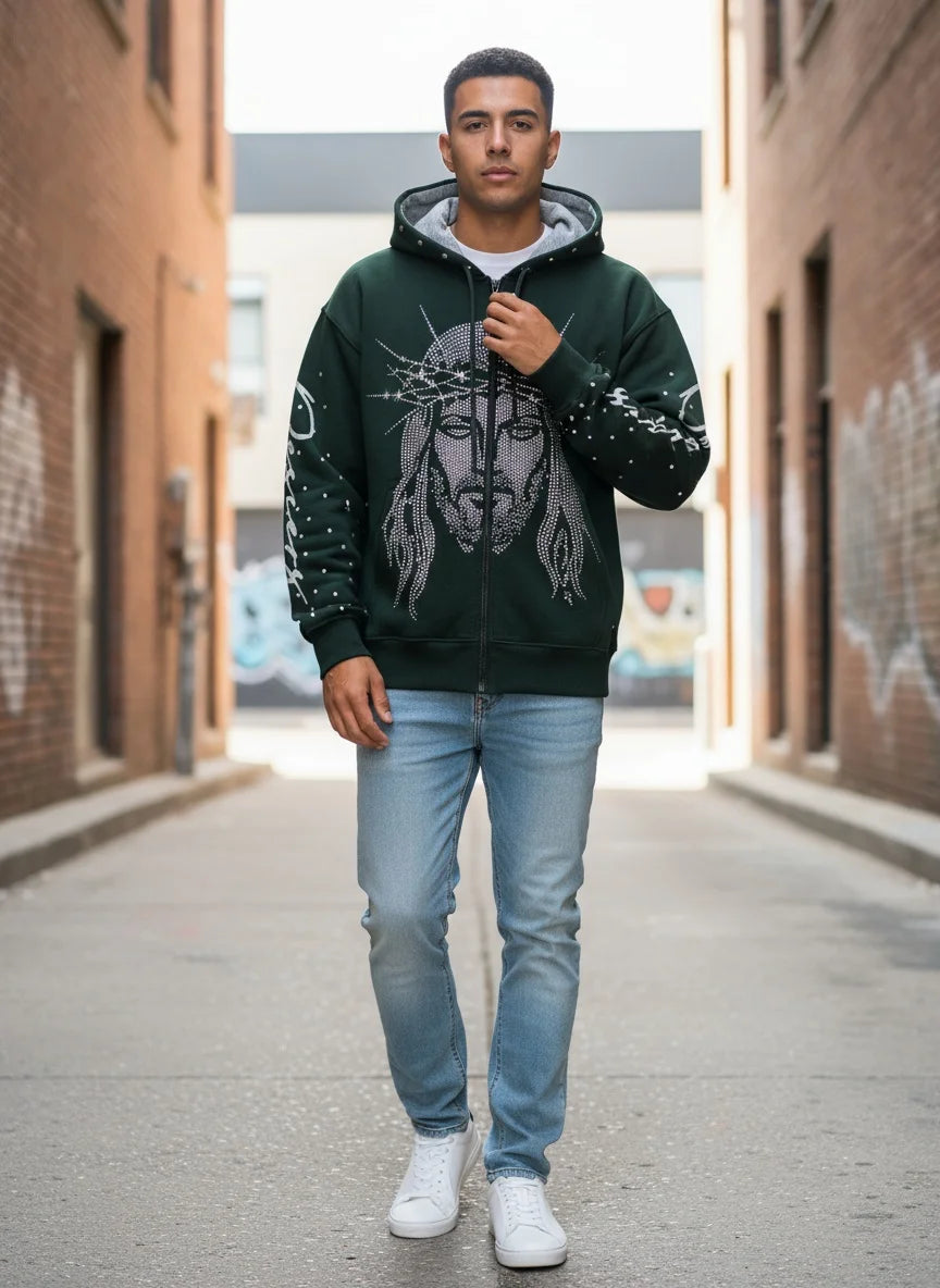 Loose Hoodie With 3D Diamond Pattern Mens Zip Up Street Style Polyester Casual