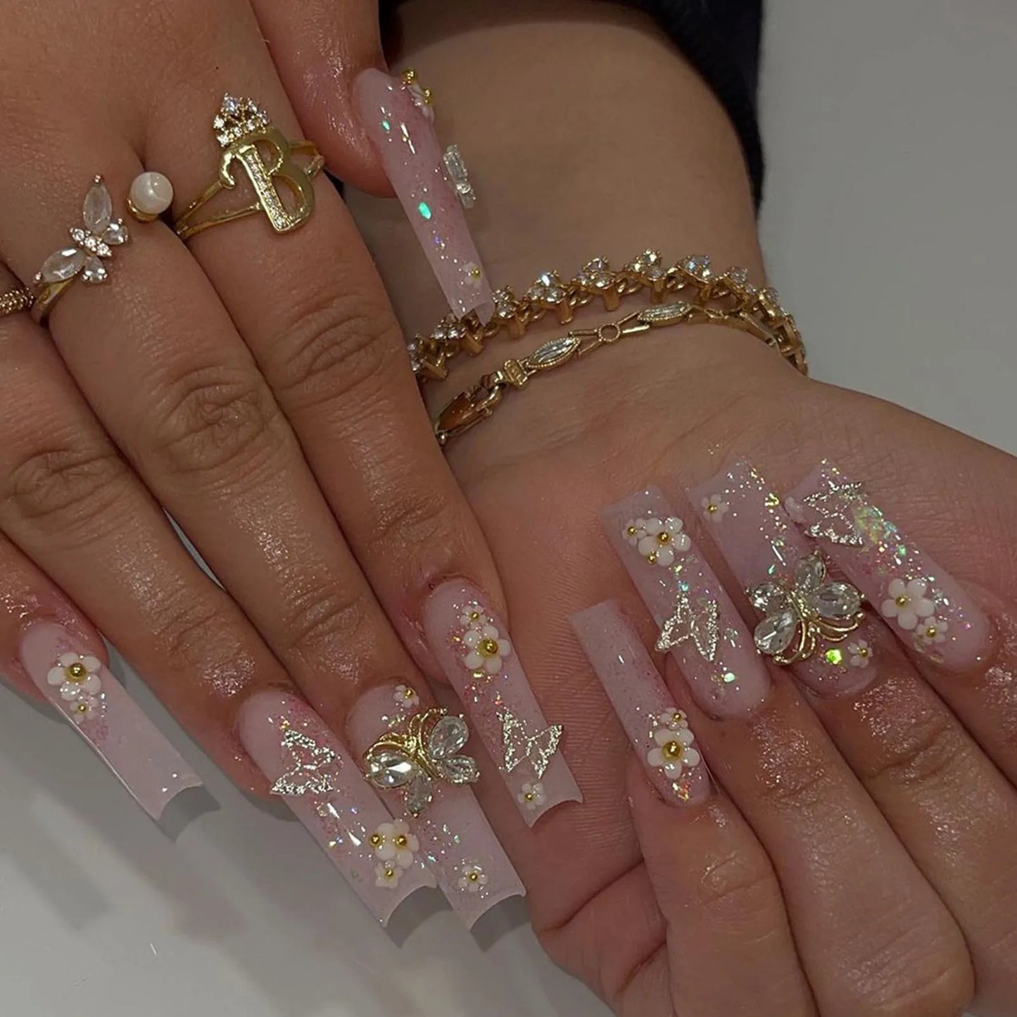 Rhinestone White Long Square Fake Nails UV Gel Set Party