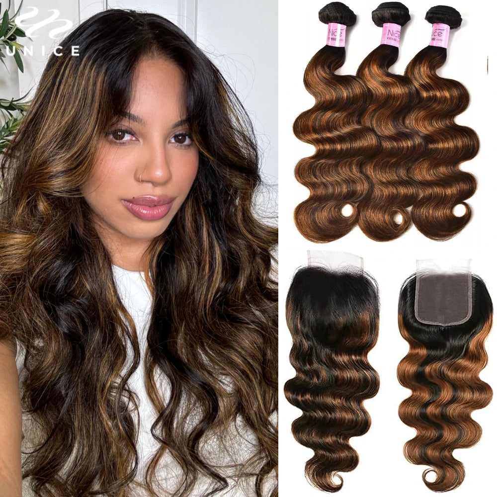 Unice Hair Balayage Body Wave Human Hair Bundles 3 Pieces With 4x4 Lace Closure 250 Density Highlight Bundles