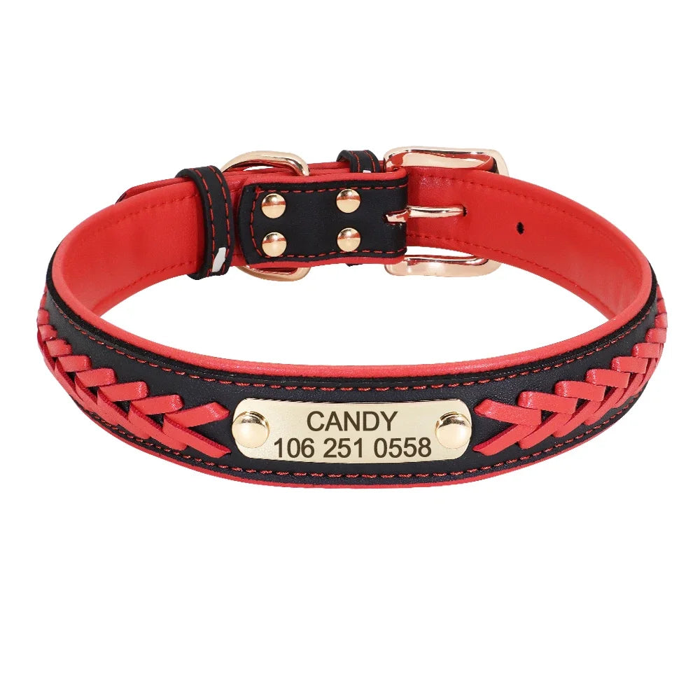 Personalized Dog Collar Leather Padded Braided Collars Free Engraving Pet ID Tag for Small Medium Large Dogs