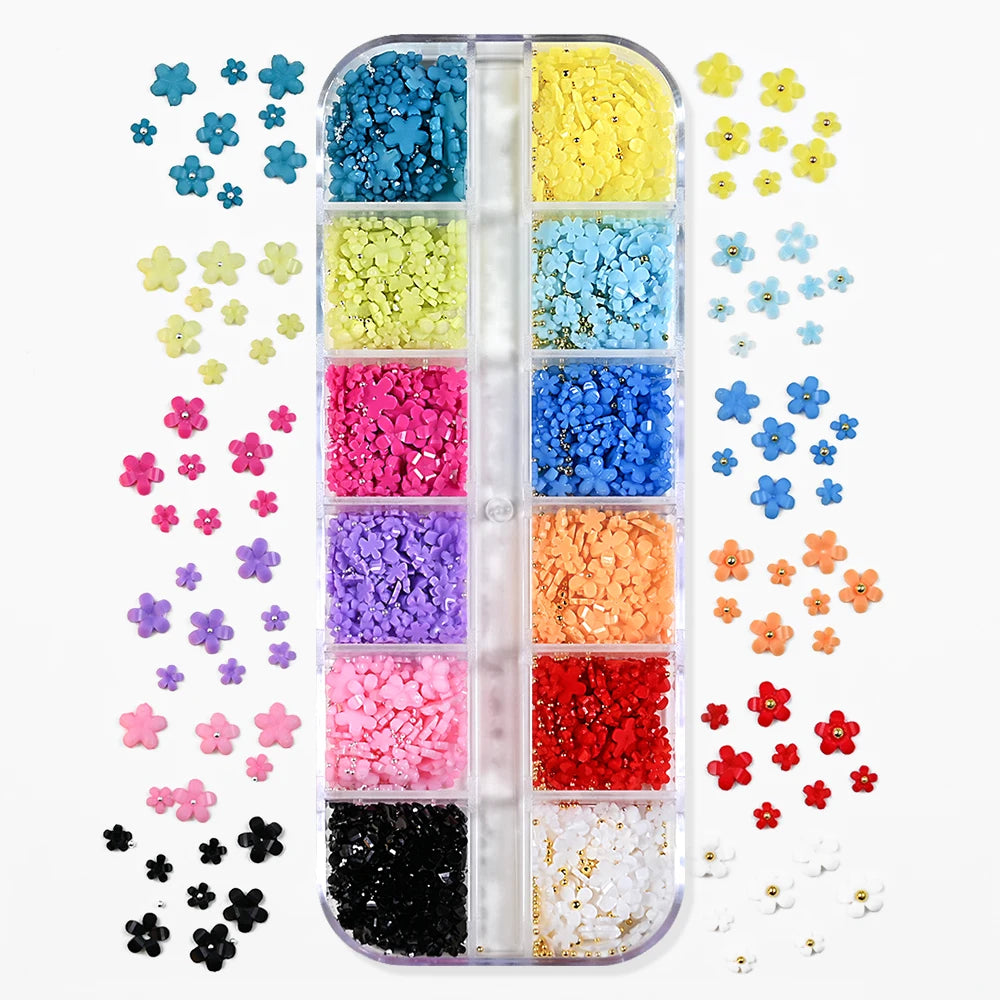 12Grids Colorful Acrylic Flower Nail Charms 1000 Mini Resin