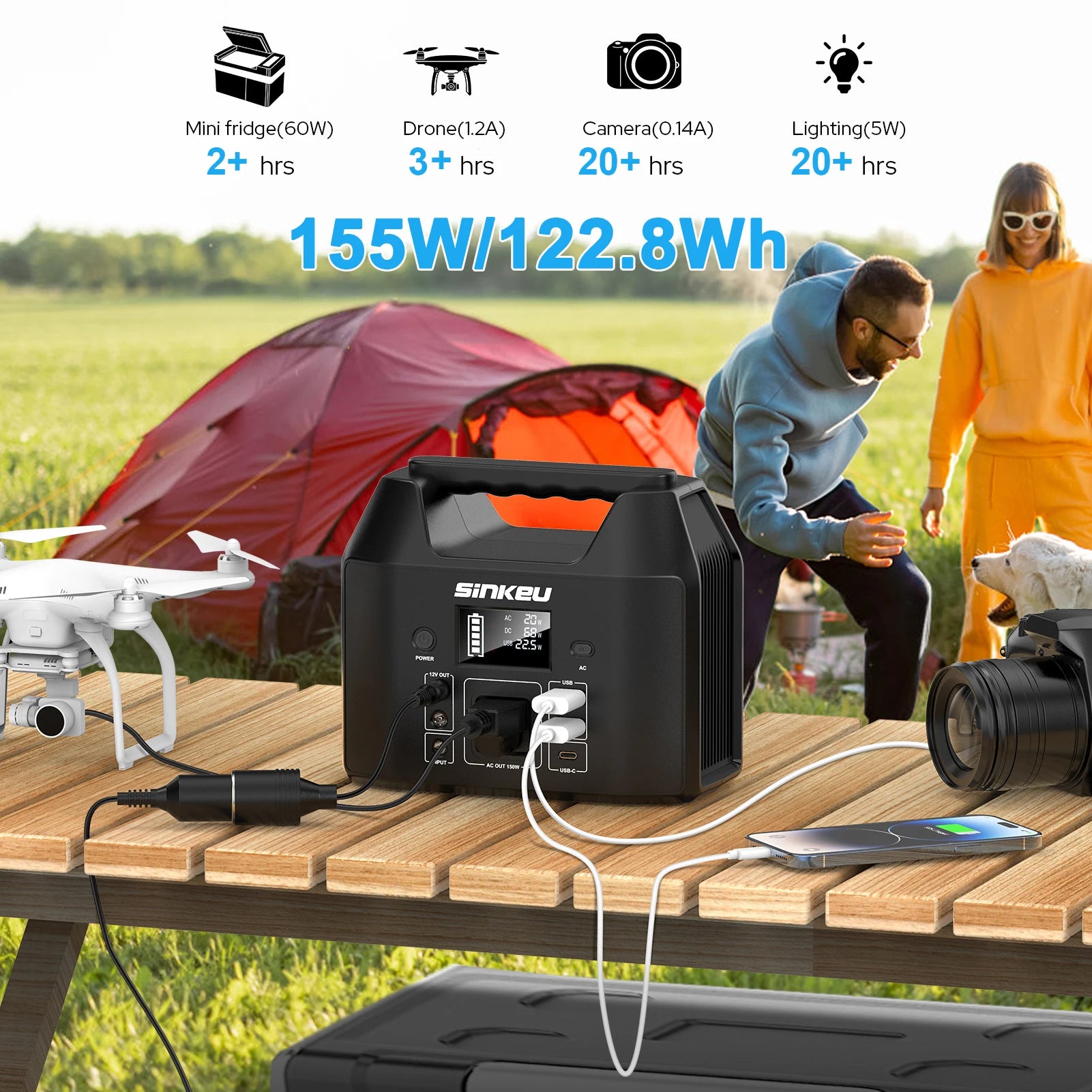 150W Portable Power Station 122.8Wh LiFePO4 Battery Solar Generator Power Bank with AC 110V and LED Flashlight for Camping Home and RV