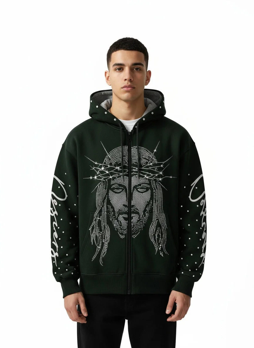 Loose Hoodie With 3D Diamond Pattern Mens Zip Up Street Style Polyester Casual