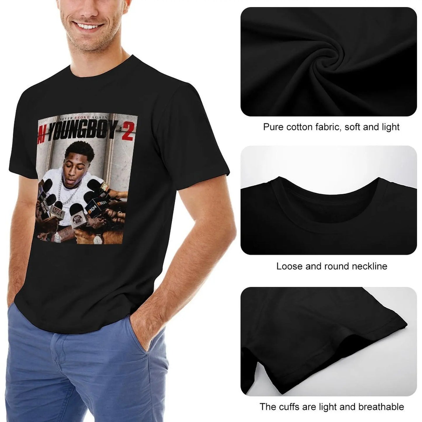 NBA YoungBoy Men T Shirt Cotton Anime Print Tee Casual Wear