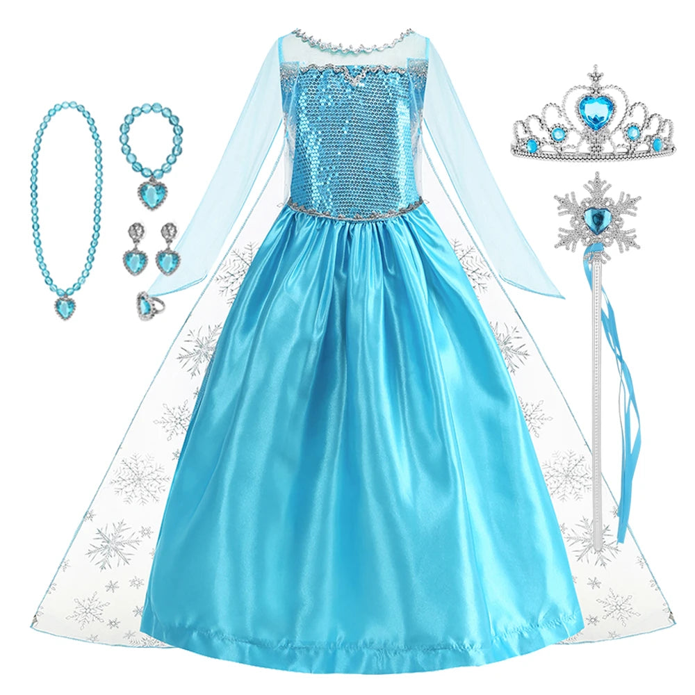 Disney Frozen Elsa Snow Queen Princess Dress Girls Costume Halloween Kids Role-play Carnival Children Birthday Party Dress