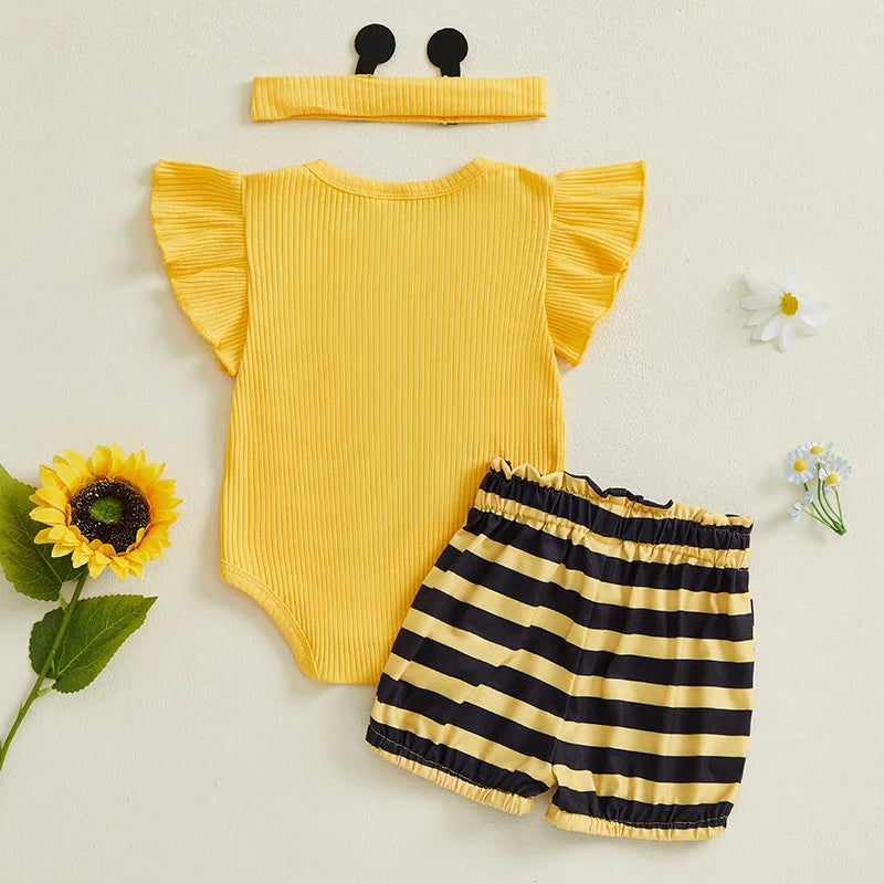 Toddler Girl Floral Print Sleeveless Romper Ruffle Shorts Headband 3Pcs Outfit Set