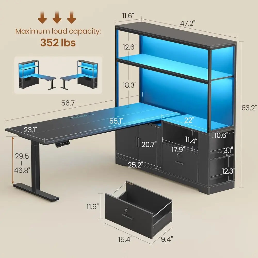 Corner L Shaped Standing Desk With Drawers Hutch LED Lights Power Outlets