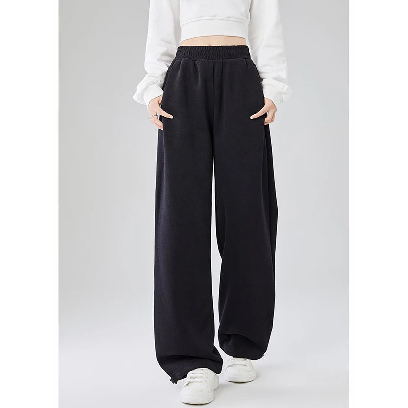 Girls High Waist Trousers Drawstring Baggy Straight Leg