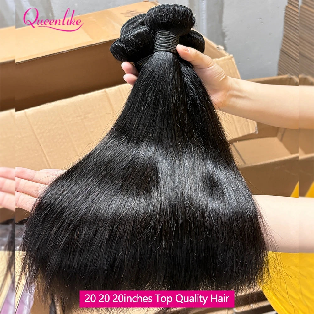 Queenlike Straight Human Hair Bundles With 2x6 Deep Middle Part HD Lace Closure Natural Color Brazilian 12A Raw Hair