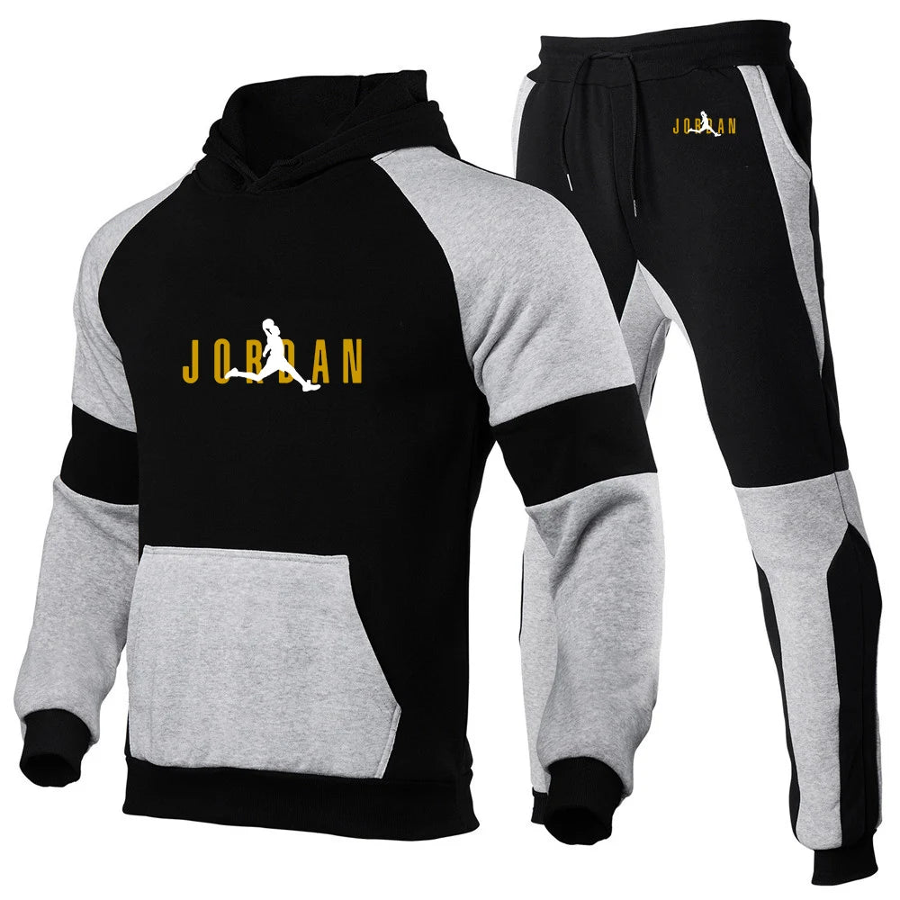 Men's Patchwork Print Basketball Hoodie And Trouser Set Spring Autumn Harajuku