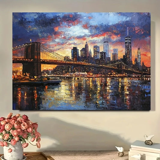 1 framed modern canvas print poster, cityscape New York City skyline canvas wall art, 1.5 "thick pine solid wood frame