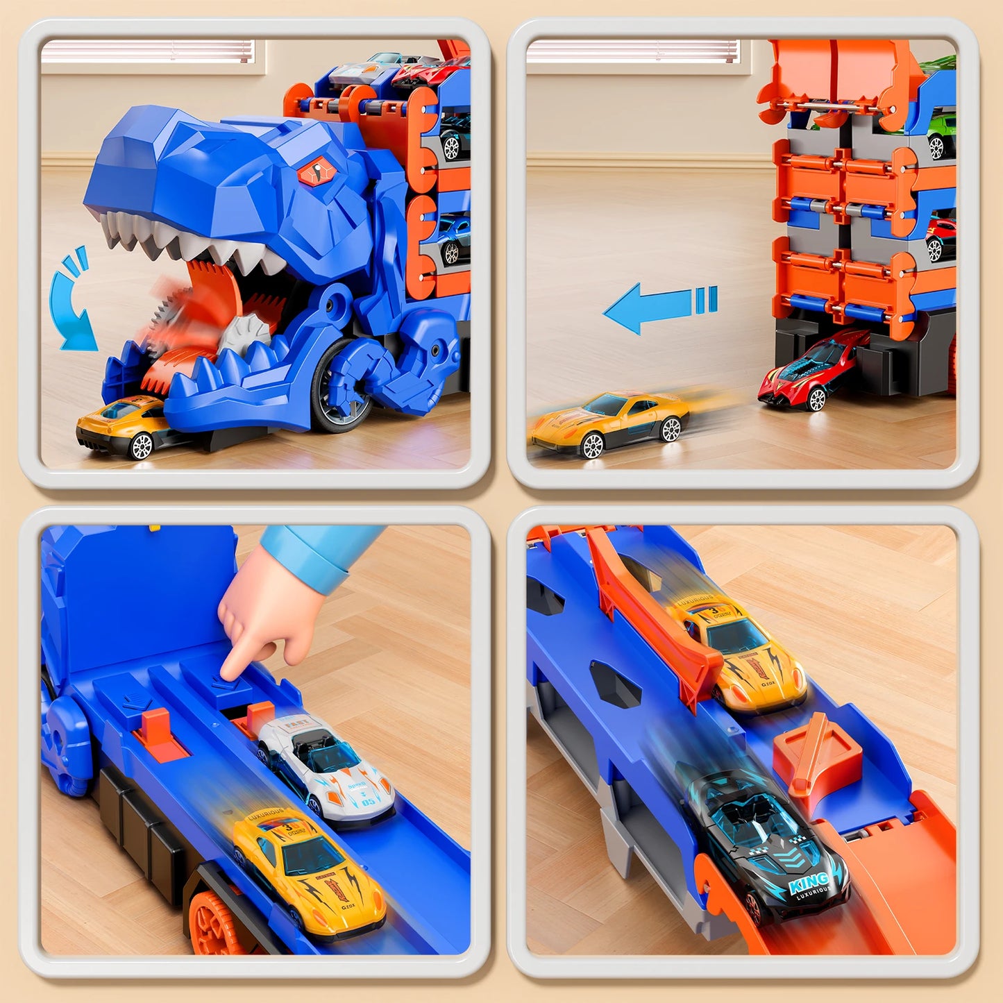 59IN Foldable Dinosaur Transport Truck with 12 Cars Gift