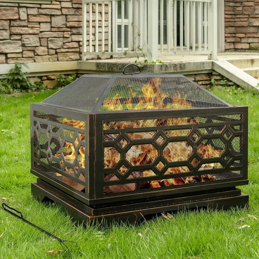Outside With Mesh Cover & Fire Poker, Large Square Metal Fireplace For Patio, Backyard, Garden, Bonfire Party