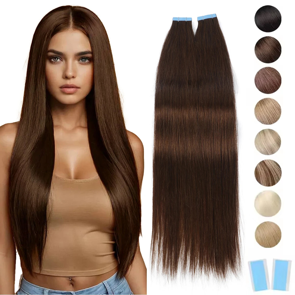 Brown Tape In Remy Human Hair Extensions Seamless Skin Weft 12 To 24 Inches