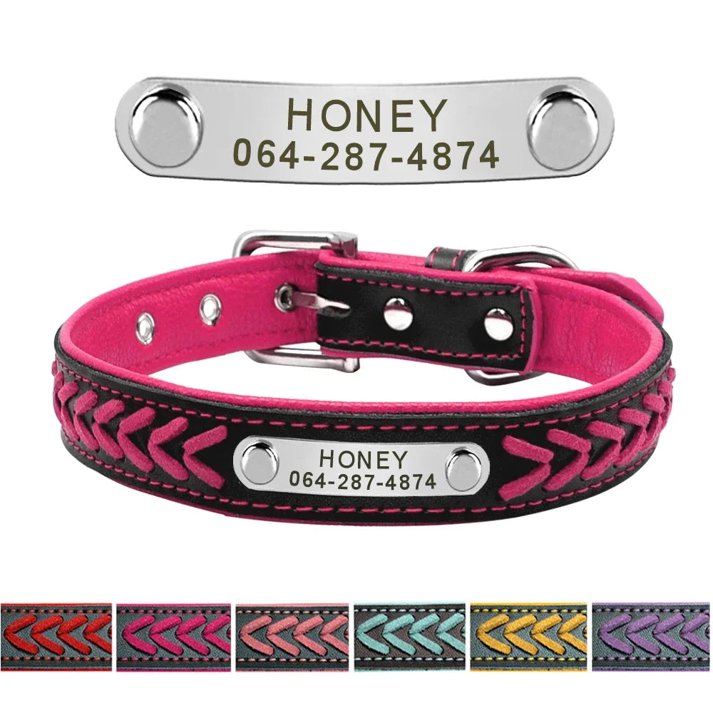 Personalized Dog Collar Leather Padded Braided Collars Free Engraving Pet ID Tag for Small Medium Large Dogs