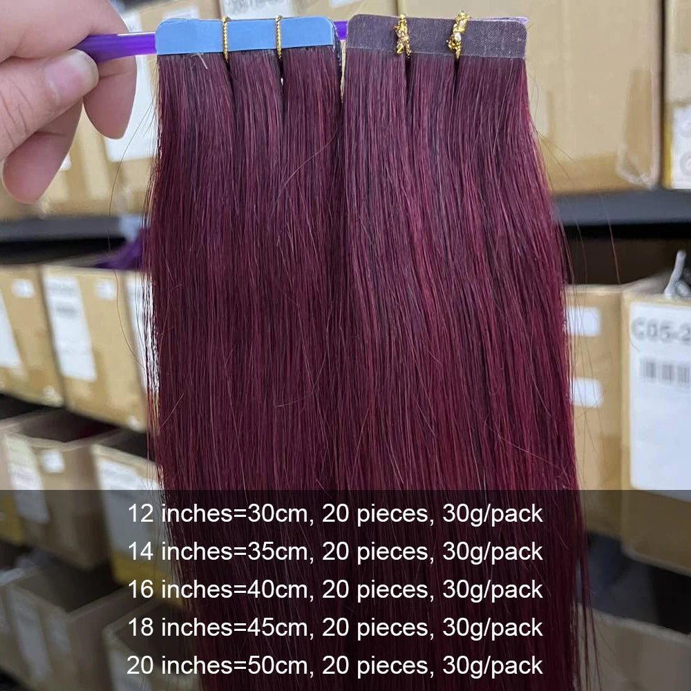 99J Invisible Tape in Human Hair Extensions Burgundy Straight Hair for Women