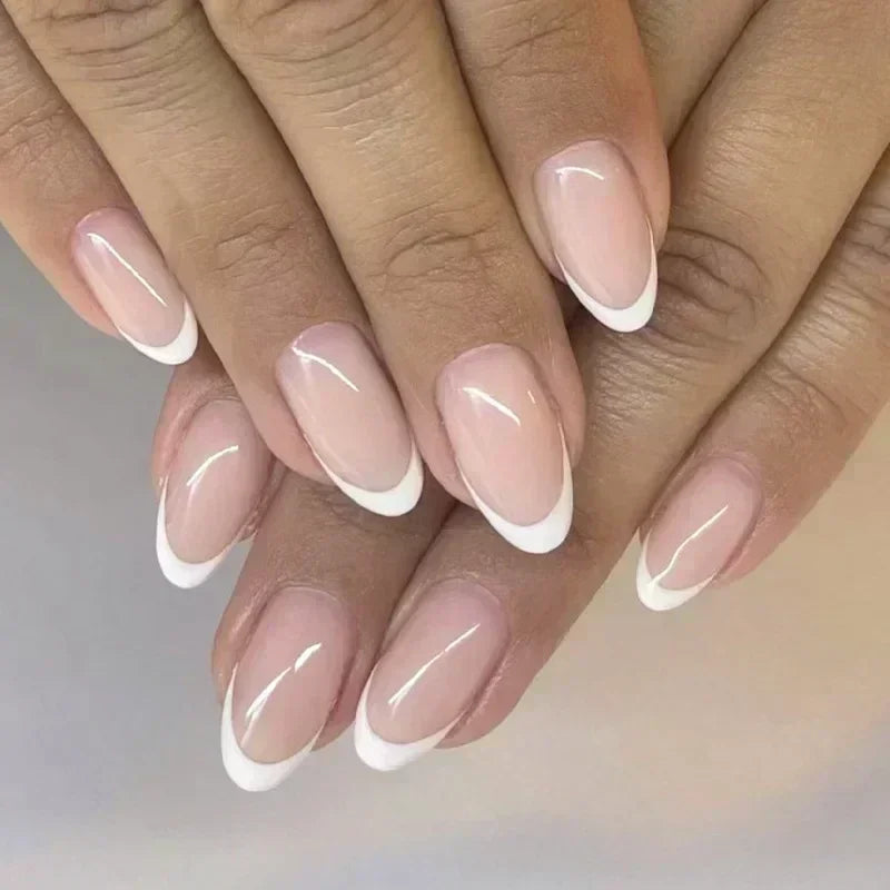 24 Pcs Almond Shape French False Nails with Glue Press On White Edge Design Simple Wearable Pink Stiletto Nail Tips