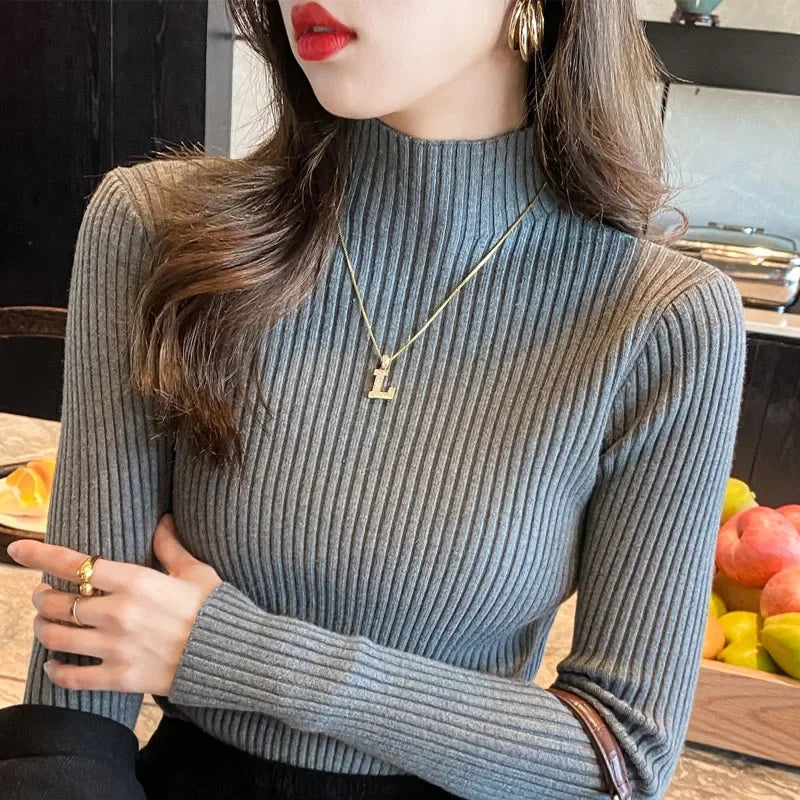 Winter Mock Neck Long Sleeve Knit Sweater For Women Slim Fit