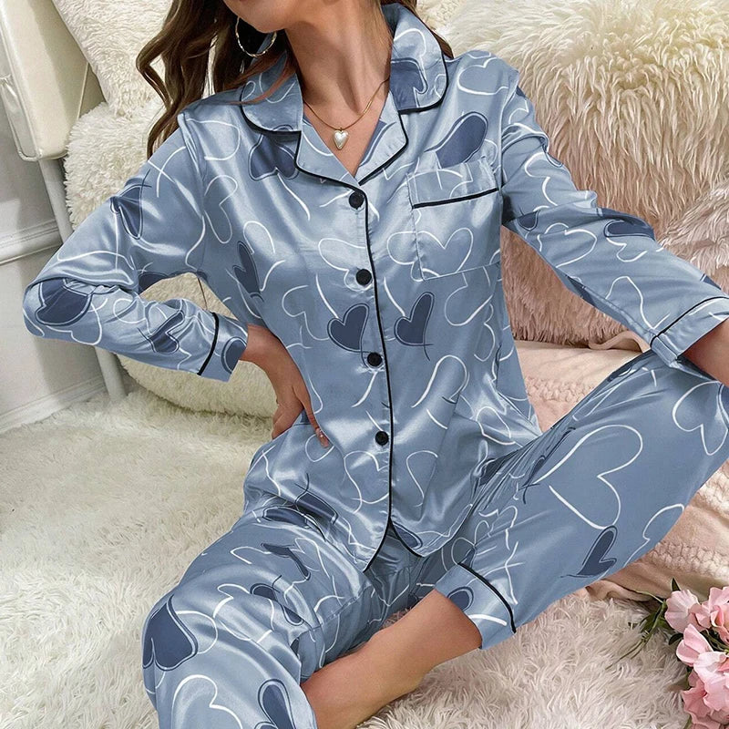Women Satin Pajama Set Long Sleeve Button Up Nightwear Loungewear