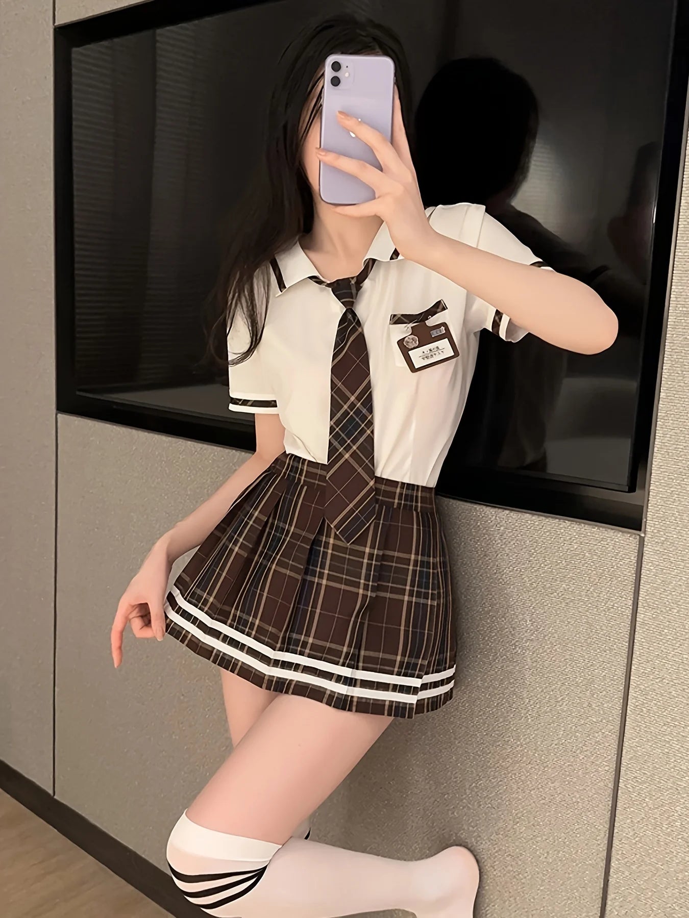 Sexy Plaid Print Preppy Uniform Cosplay Costume Women's Lingerie Naughty Striped Top & Skirt Underwear