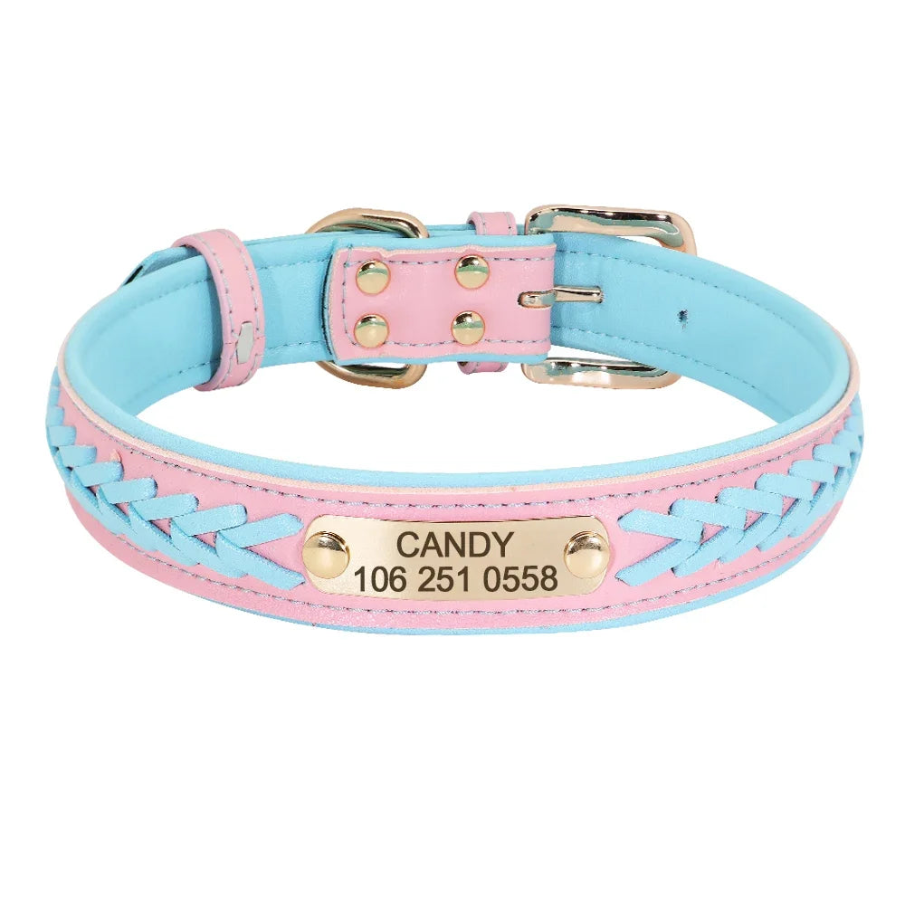 Personalized Dog Collar Leather Padded Braided Collars Free Engraving Pet ID Tag for Small Medium Large Dogs