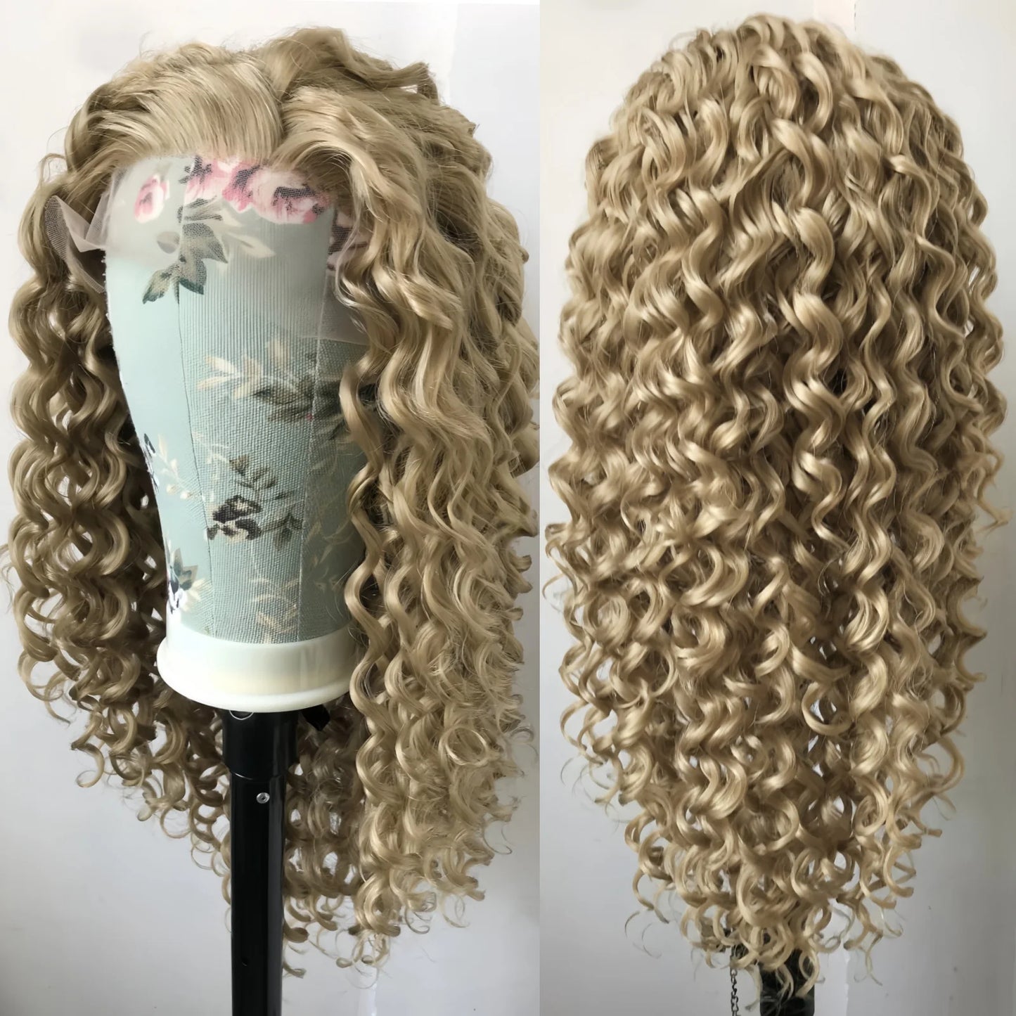 Ash Dirty Blonde Deep Curly Synthetic Lace Front Wig 13x4 Glueless Pre Plucked