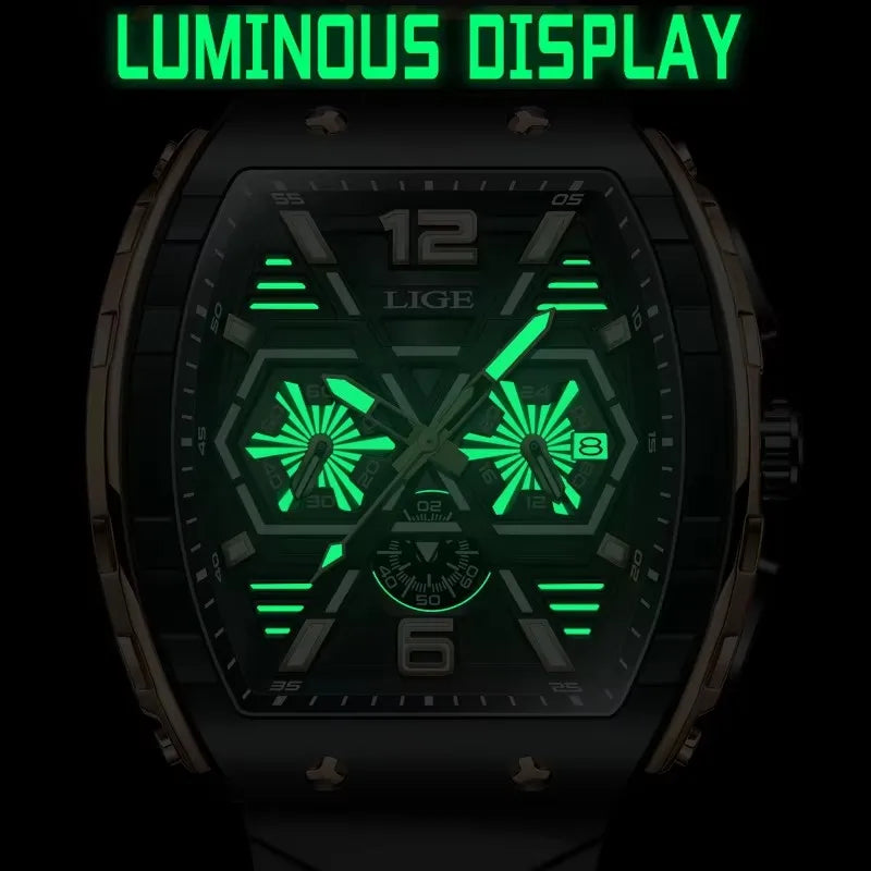 LIGE Men Waterproof Quartz Watch Silicone Band Luminous Dial 50mm Case