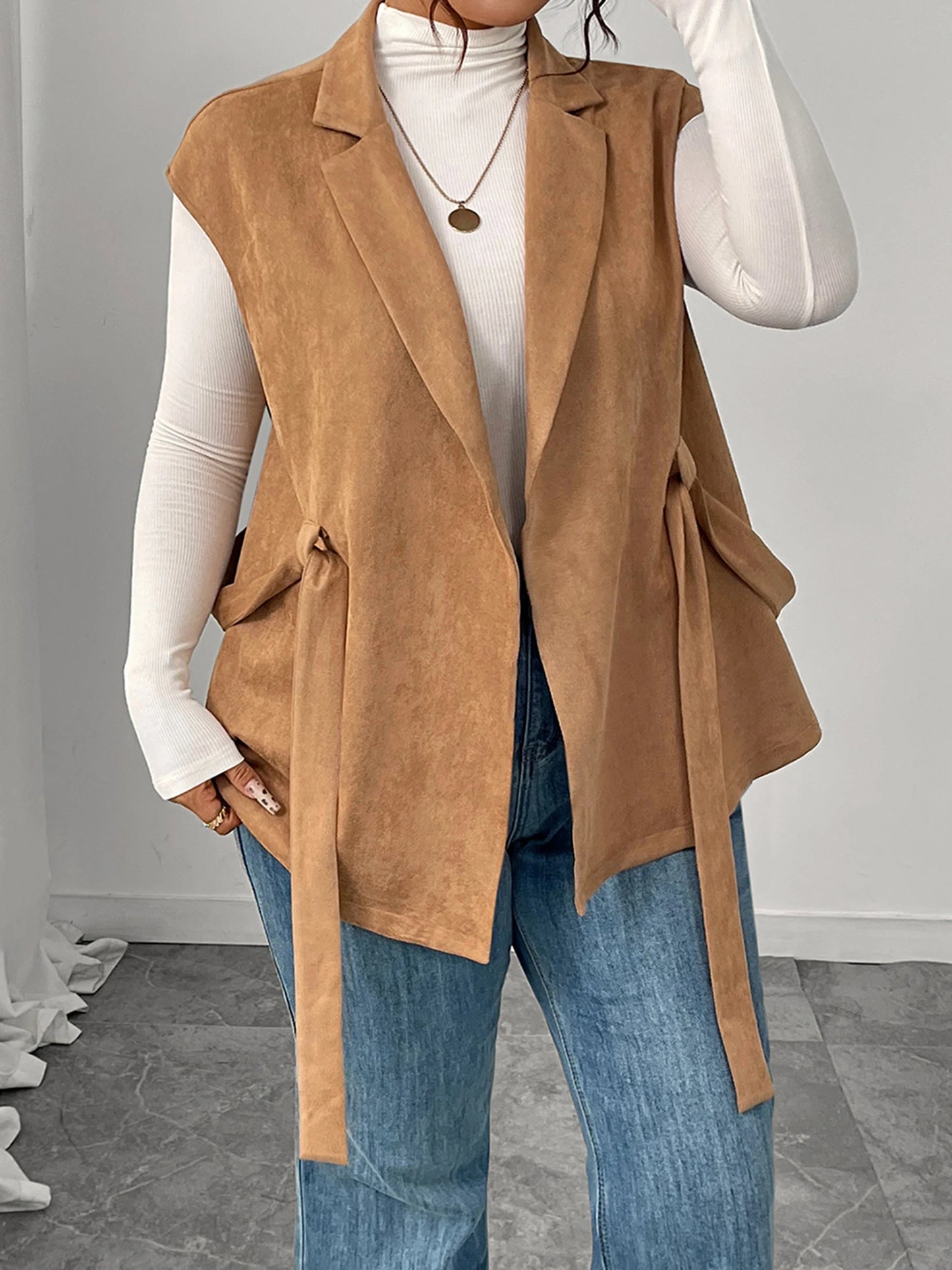 Women Plus Size Sleeveless Vest Belted Lapel Outerwear