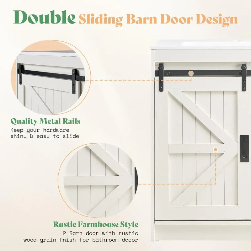 61 Inch Farmhouse Double Bathroom Vanity With Sink Dual Basin Sliding Barn Doors